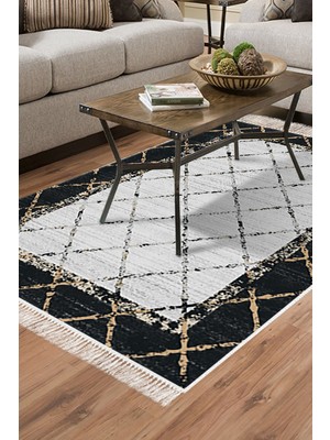 Dekoreko Dijital Salon Halısı Trend Keçe Kaymaz Taban Saçaklı Modern Doreen Siyah