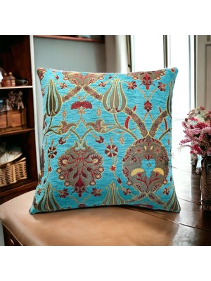 Pillows Store Osmanlı Lale Desenli Turkuaz Kırlent Kılıfı 45 x 45  cm