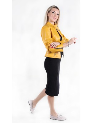 Woog Deri Asia Model Kadın Bej Hakiki Deri Ceket