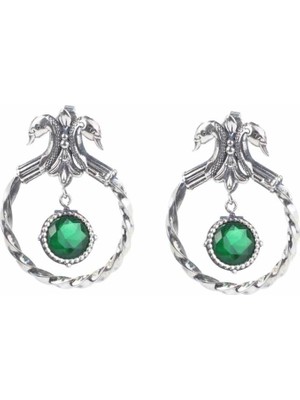 925 Ayar Gümüş Zümrüt Taşlı Antik Halka Kuğu Küpe