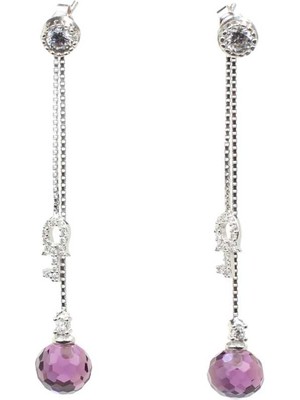 925 Ayar Gümüş Anahtar ve Ametist Taşlı Sallantılı Çivi Küpe