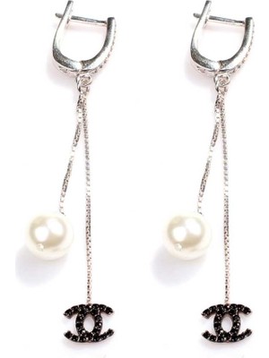 925 Ayar Gümüş  İncili C Model Sallantılı Küpe