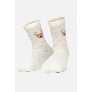 Kadın Lambswool (Koyun Yünü) Tekli Ekru Yılbaşı Temalı Çorap - A-49005-E