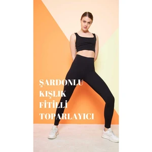 Thiff Gymwear Siyah Yüksek Bel Fitilli Toparlayıcı Interlok Örme Şardonlu Spor Kışlık Tayt