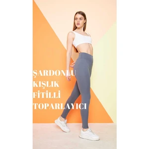 Thiff Gymwear Antrasit Yüksek Bel Fitilli Toparlayıcı Interlok Örme Şardonlu Spor Kışlık Tayt