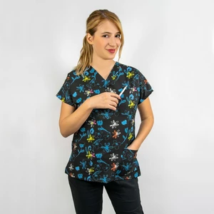 Nur Medikal Giyim Lacivert Çiçek Desenli Likralı Doktor Hemşire Hastane Cerrahi Tek Üst Forma
