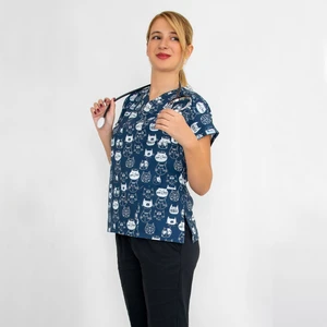 Nur Medikal Giyim Lacivert Kedi Desenli Likralı Üst Forma