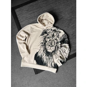 Black Sokak Bej Aslan Baskılı Oversize Kapuşonlu Erkek Sweatshirt