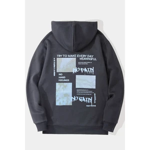 Black Sokak Antrasit No Pain No Gain Baskılı Oversize Kapuşonlu Unisex Sweatshirt