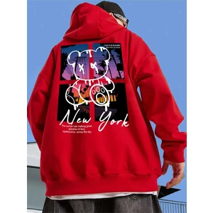 Black Sokak Kırmızı New York Ayı Baskılı Oversize Kapüşonlu Erkek Sweatshirt