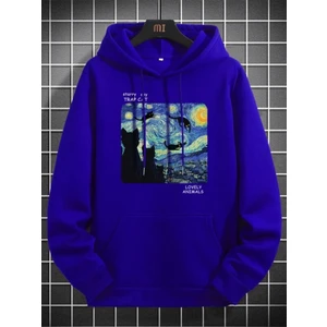Black Sokak Sax Mavi Trap Cat Baskılı Oversize Erkek Sweatshirt