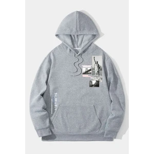 Black Sokak Gri Özgürlük Heykeli Baskılı Oversize Kapuşonlu Erkek Sweatshirt