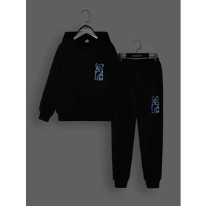 Black Sokak Siyah Neon Ayı Baskılı Oversize Kapuşonlu Erkek Alt - Üst Takım