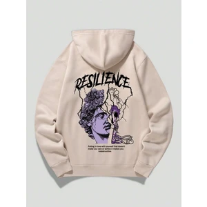 Black Sokak Bej Resilience Baskılı Oversize Kapüşonlu Erkek Sweatshirt