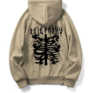 Black Sokak Bej Telepathy Baskılı Oversize Kapüşonlu Erkek Sweatshirt