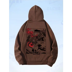 Black Sokak Kahverengi World Legend Baskılı Oversize Kapüşonlu Erkek Sweatshirt