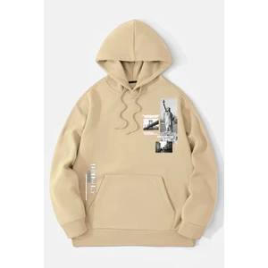 Black Sokak Bej Özgürlük Heykeli Baskılı Oversize Kapuşonlu Erkek Sweatshirt