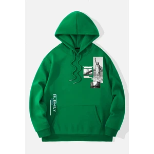 Black Sokak Yeşil Özgürlük Heykeli Baskılı Oversize Kapuşonlu Erkek Sweatshirt