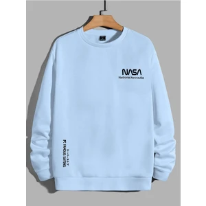 Black Sokak Bebe Mavisi Nasa Baskılı Oversize Bisiklet Yaka Erkek Sweatshirt