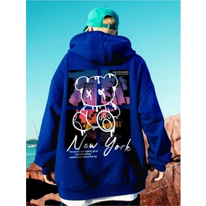 Black Sokak Sax Mavi New York Ayı Baskılı Oversize Erkek Sweatshirt