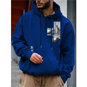 Black Sokak Sax Mavi Özgürlük Heykeli Baskılı Oversize Kapuşonlu Erkek Sweatshirt.
