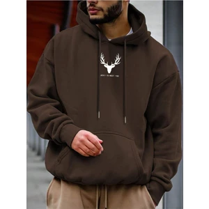 Black Sokak Kahverengi Geyik Baskılı Oversize Kapüşonlu Erkek Sweatshirt