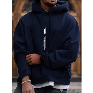 Black Sokak Lacivert Dikey Baskılı Oversize Kapüşonlu Erkek Sweatshirt