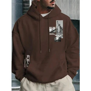 Black Sokak Kahverengi Özgürlük Heykeli Baskılı Oversize Kapüşonlu Erkek Sweatshirt
