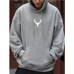 Black Sokak Açık Gri Geyik Baskılı Oversize Kapüşonlu Erkek Sweatshirt