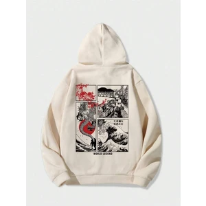 Black Sokak Bej World Legend Baskılı Oversize Kapüşonlu Erkek Sweatshirt