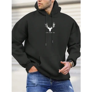 Black Sokak Siyah Geyik Baskılı Oversize Kapüşonlu Erkek Sweatshirt