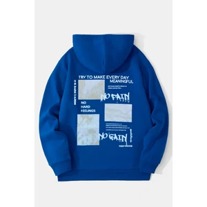 Black Sokak Sax Mavi No Pain No Gain Baskılı Oversize Kapuşonlu Sweatshirt