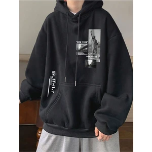 Black Sokak Siyah Özgürlük Heykeli Baskılı Oversize Kapuşonlu Erkek Sweatshirt
