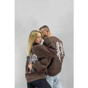 Black Sokak  Unisex Kahverengi Melek Kanadı Baskılı Bisiklet Yaka Sevgili Çift Kombini 2'li Set