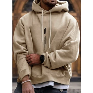 Black Sokak Bej Dikey Baskılı Oversize Kapüşonlu Erkek Sweatshirt