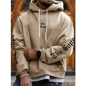 Black Sokak Bej The Hope Baskılı Oversize Kapüşonlu Erkek Sweatshirt