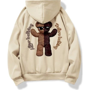Black Sokak Bej After Before Bathing Baskılı Oversize Kapüşonlu Erkek Sweatshirt