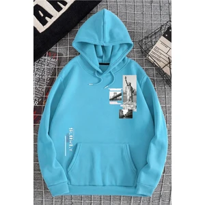 Black Sokak Bebe Mavisi Özgürlük Heykeli Baskılı Oversize Kapuşonlu Erkek Sweatshirt.