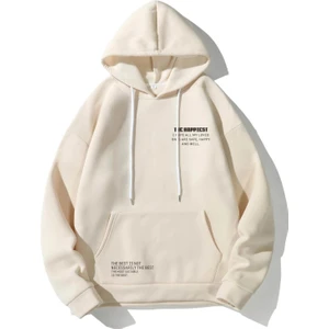 Black Sokak Ekru The Hapiest Baskılı Oversize Kapüşonlu Erkek Sweatshirt