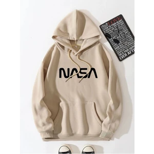 Black Sokak Bej Nasa Baskılı Oversize Kapüşonlu Erkek Sweatshirt