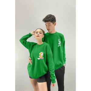 Black Sokak  Unisex Yeşil Bugs Bunny Baskılı Bisiklet Yaka Sevgili Çift Kombini 2'li Set