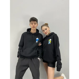 Black Sokak  Unisex Siyah Şirinler Baskılı Kapüşonlu Sevgili Çift Kombini 2'li Set