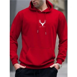 Black Sokak Kırmızı Geyik Baskılı Oversize Kapüşonlu Erkek Sweatshirt