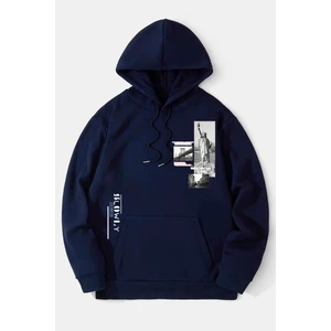 Black Sokak Lacivert Özgürlük Heykeli Baskılı Oversize Kapuşonlu Erkek Sweatshirt