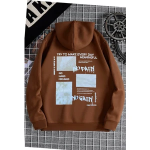 Black Sokak Kahverengi No Pain No Gain Baskılı Oversize Kapuşonlu Unisex Sweatshirt