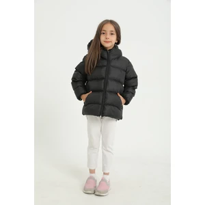 Kız Çocuk Siyah Içi Polarlı Kürklü Kapüşonlu Su Geçirmez Rüzgara Dayanıklı Cepli Şişme Kışlık Mont