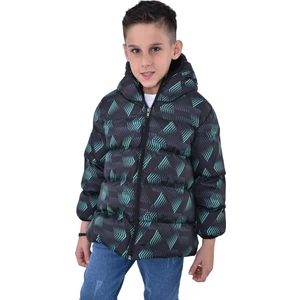 Erkek Çocuk Siyah Yeşil Dijital Desen Içi Polar Su ve Rüzgar Geçirmez Kapüşonlu Şişme Kışlık Mont