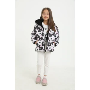 Kız Çocuk Beyaz Mor Çiçek Desen Içi Polar Su ve Rüzgar Geçirmez Kapüşonlu Cepli Şişme Kışlık Mont