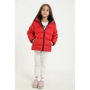 Kız Çocuk Kırmızı Içi Polarlı Kürklü Kapüşonlu Su Geçirmez Rüzgara Dayanıklı Cepli Şişme Kışlık Mont