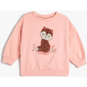 Sweatshirt Kedi Işlemeli Uzun Kollu Bisiklet Yaka Pamuklu Şardonlu